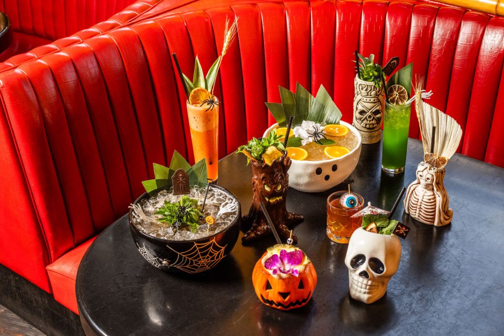 various Halloween-themed tiki cocktails