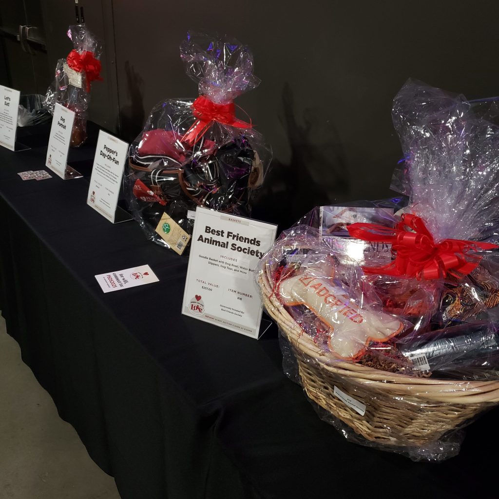 Silent auction baskets at Pepper 'Em With Love Fundraiser Gala