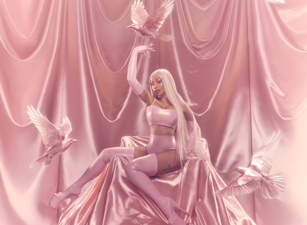 Cardi B in a pink outfit with pink birds around her.