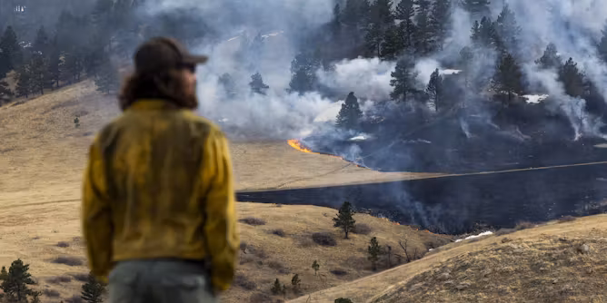 man looking at wildfire