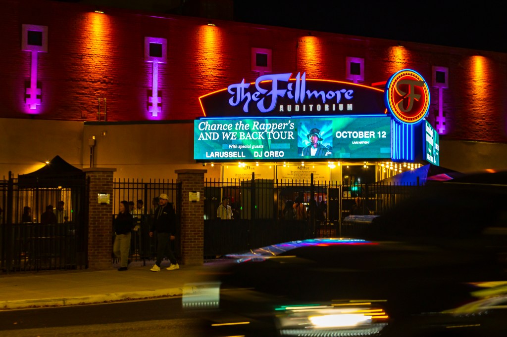 The marquee of Fillmore Auditorium is showing Chance the Rapper.