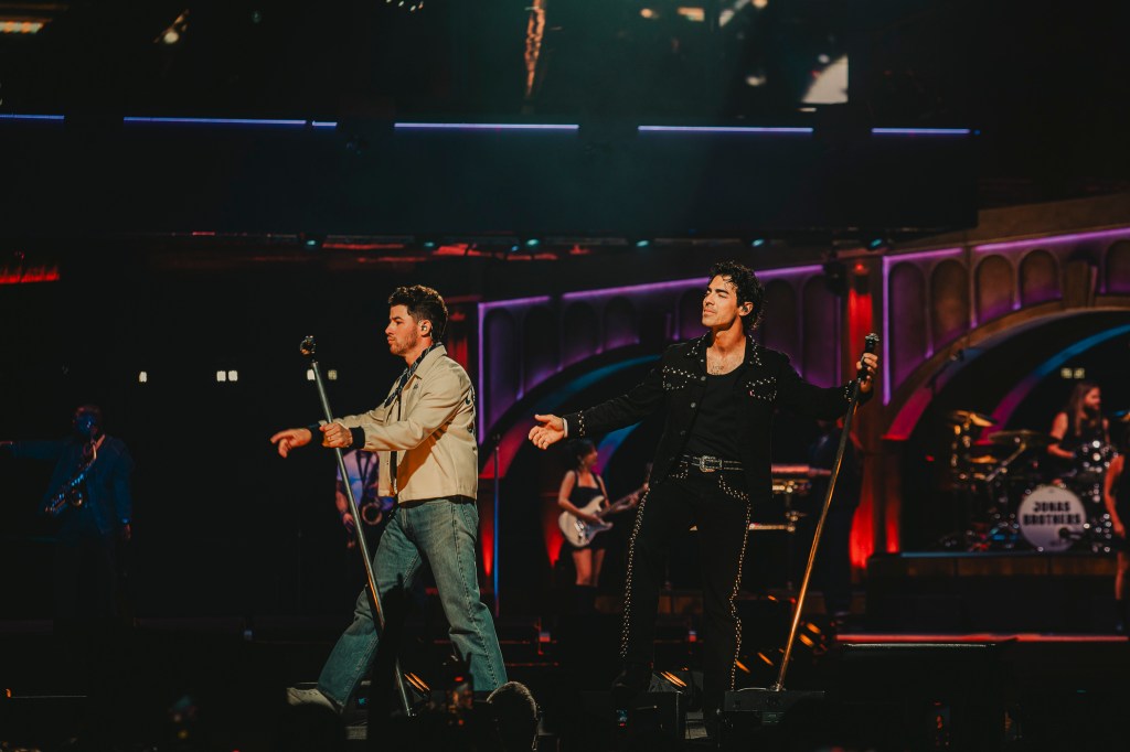The Jonas Brothers on stage at Ball Arena in Denver, Colorado, for their JONAS20 Greetings From Your Hometown tour.