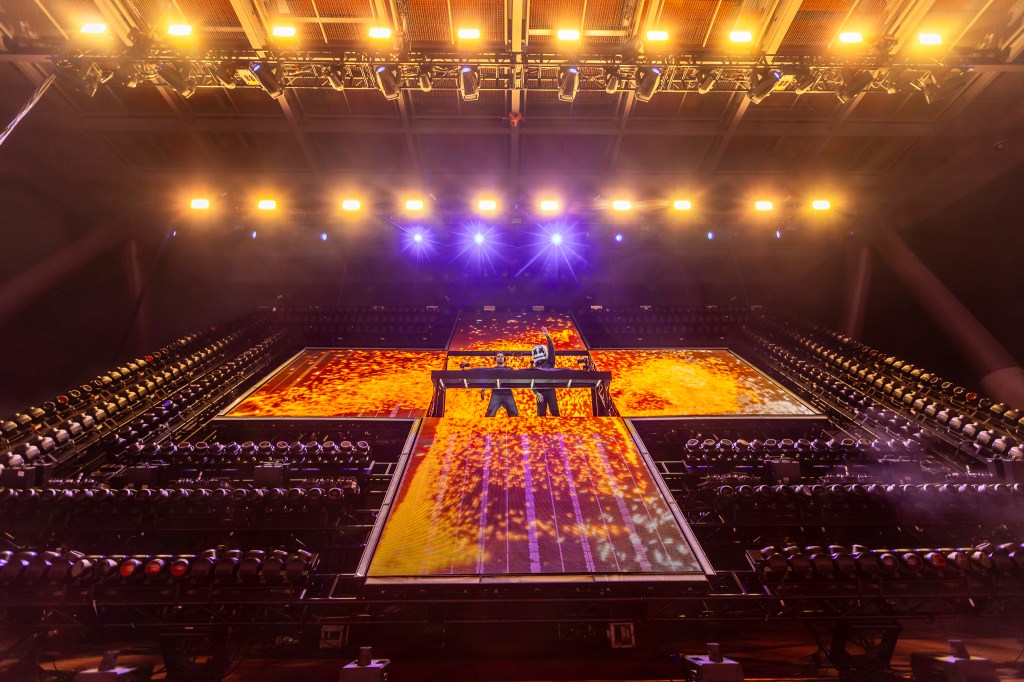 Martin Garrix and Marshmello perform together at Red Rocks in Morrison, Colorado on Thursday, October 23.