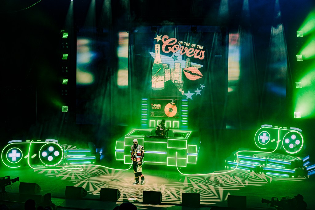 T-Pain performing on stage at Red Rocks on Wednesday, October 29.