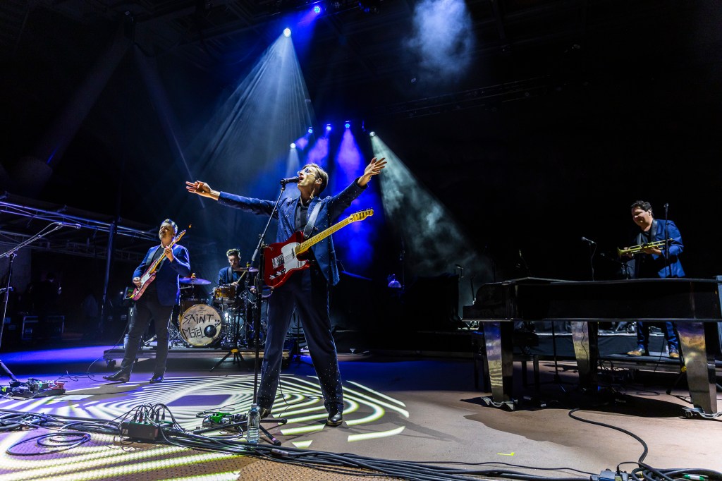 Saint Motel on stage at Red Rocks in Morrison, Colorado opening for Young The Giant.