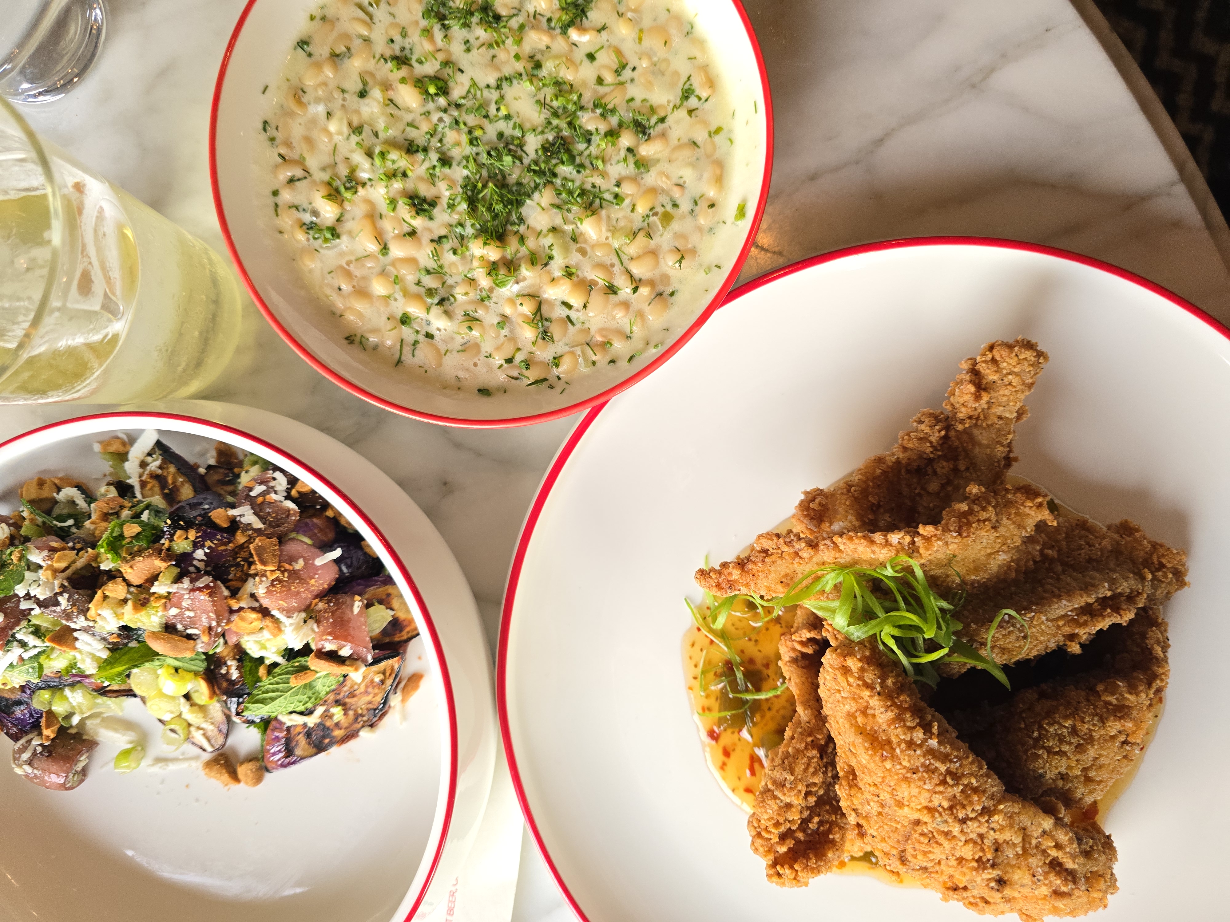 various food on white plates