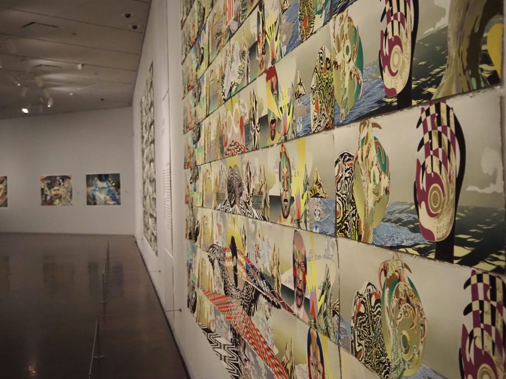 A side view of a colorful artwork