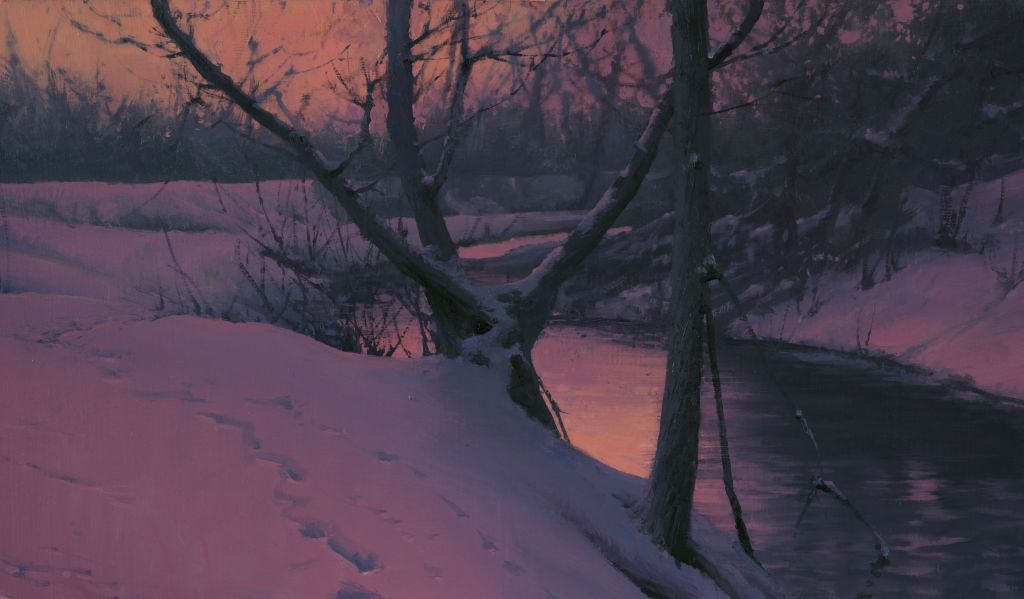 a painting of a snowy sunset