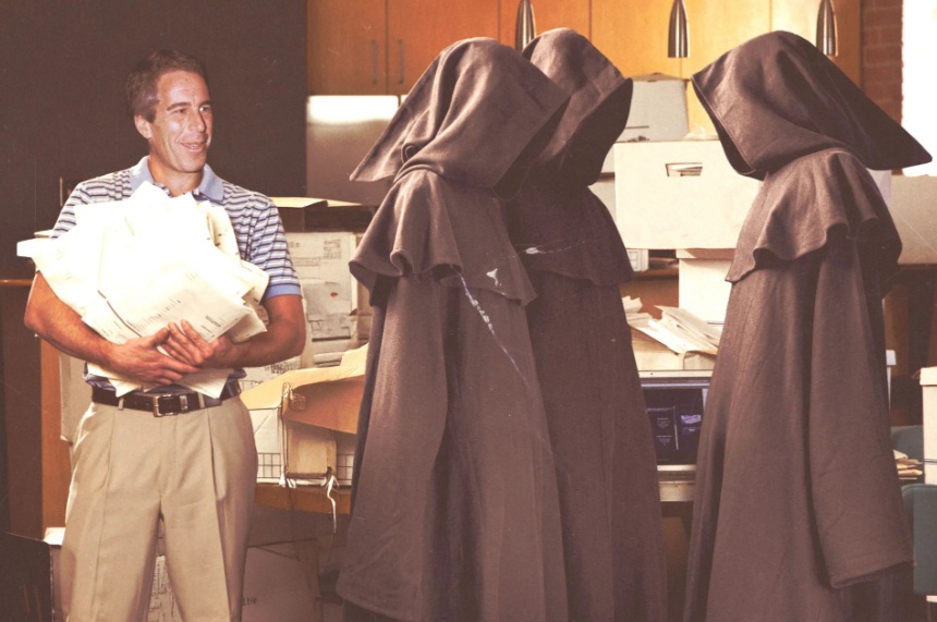 Jeffrey Epstein and cloaked figures