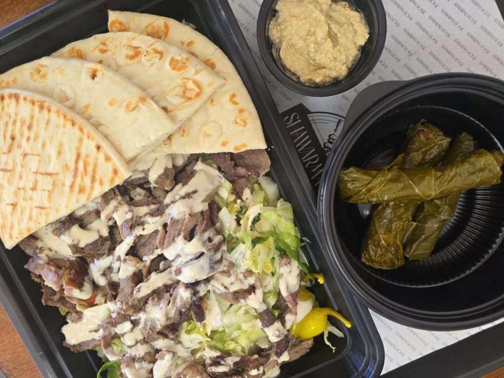 beef shawarma, dolma and hummus