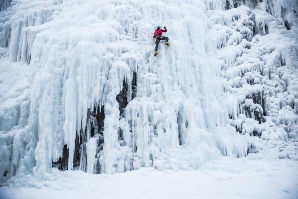 An ice climber on a route at the Ouray Ice Park