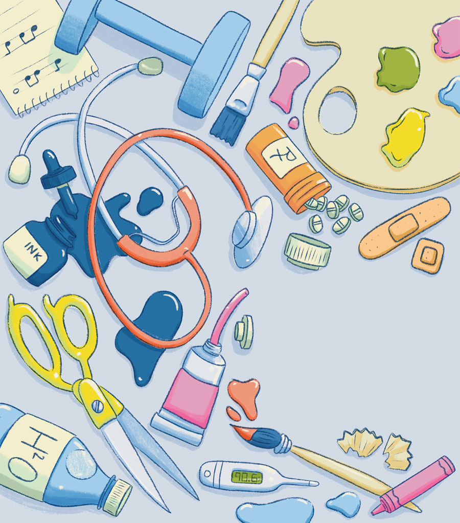Artwork of art and medical tools like paint, pills and a thermometer