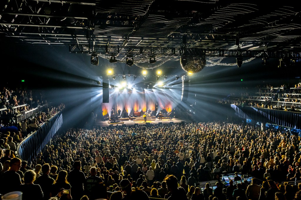 A crowd shot of Mission Ballroom during Nathaniel Rateliff & The Night Sweats.