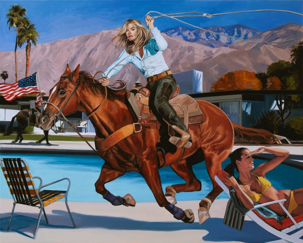 Painting of a woman riding a horse next to a pool.
