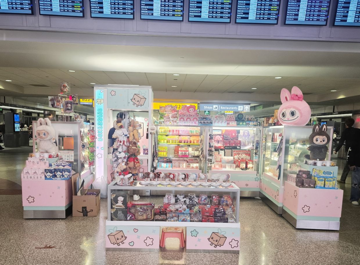 A pink store with labubus