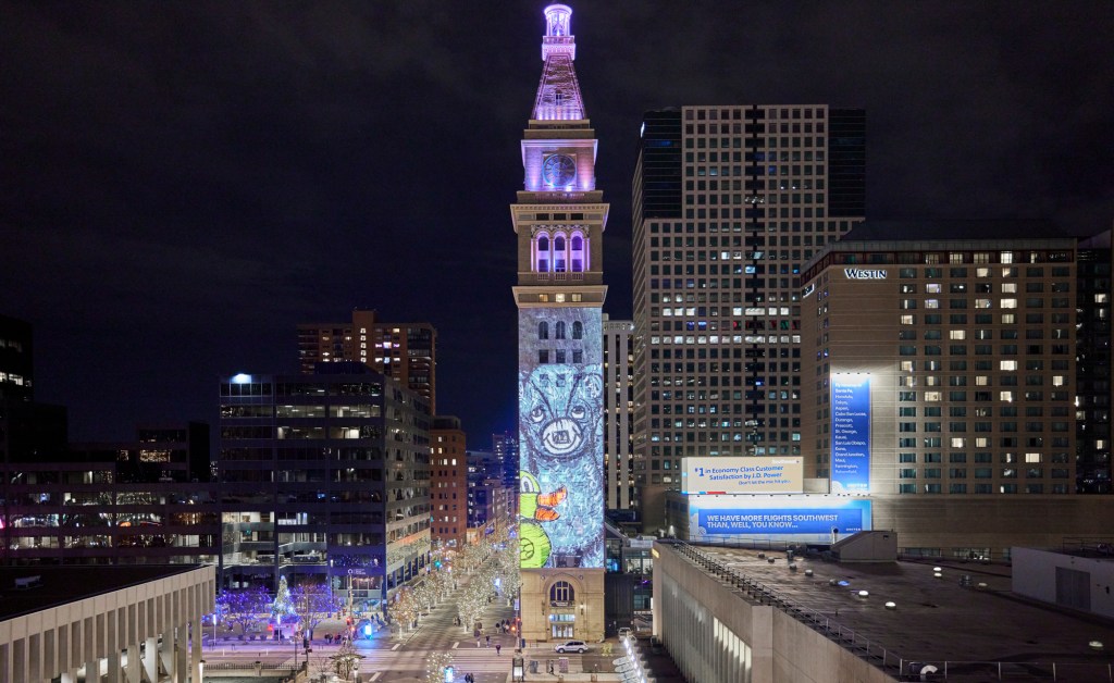 Tower with animated winter images on it.