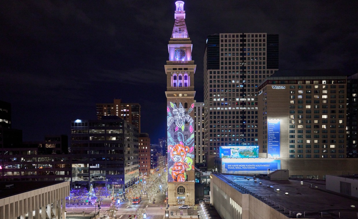 Tower with animated winter images on it.