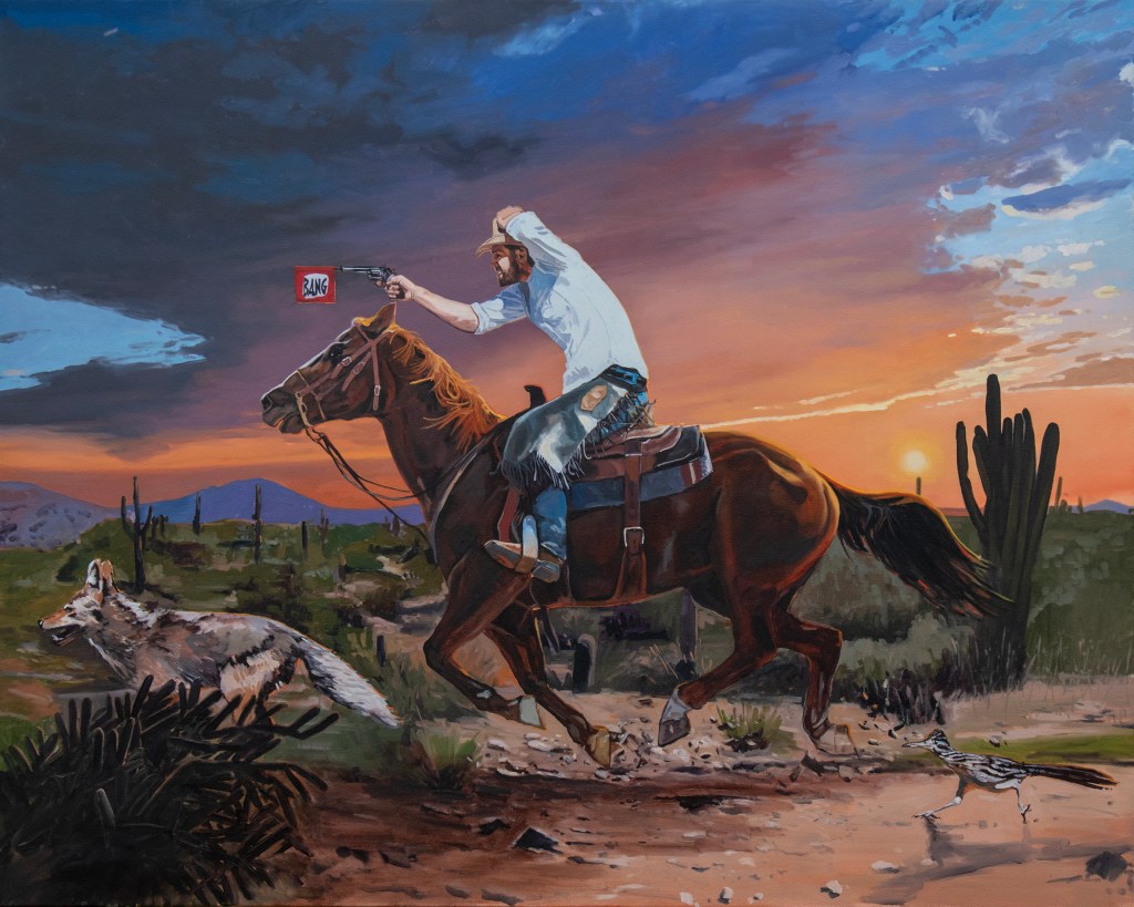 Painting of a cowboy firing a gun that goes "Bang"