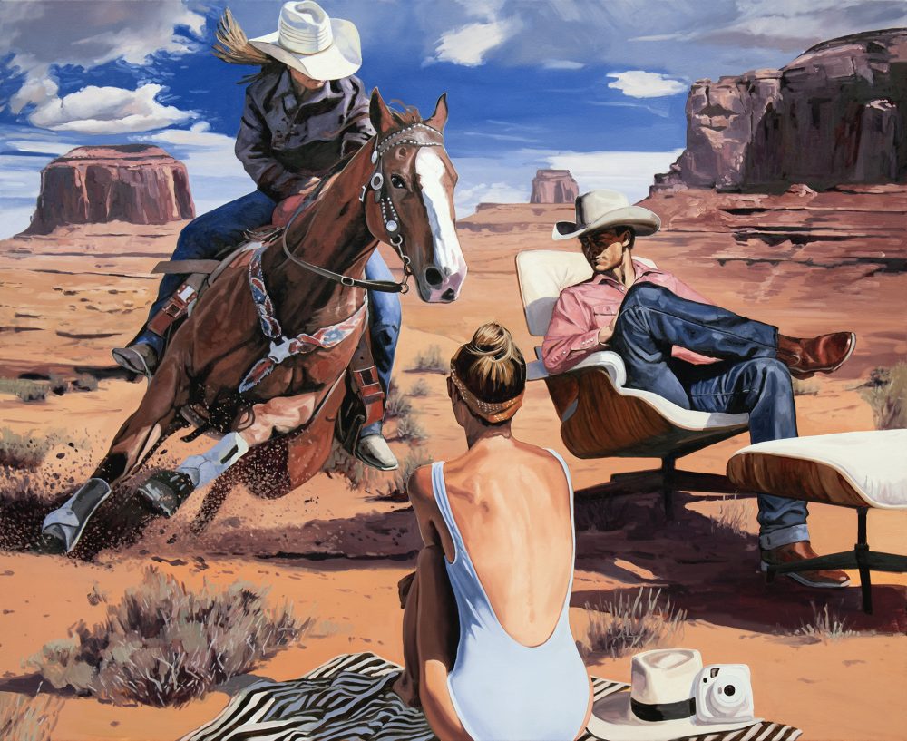 Painting of people watching a person ride a horse in the desert.