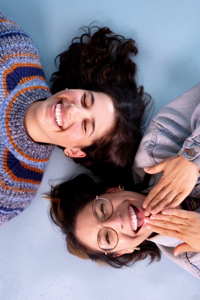 Overhead view of two comedians