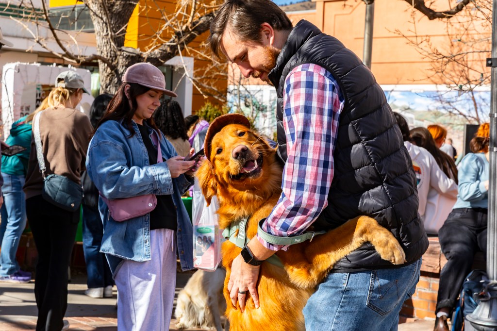 A dog smiles as it is embraced by its owner.