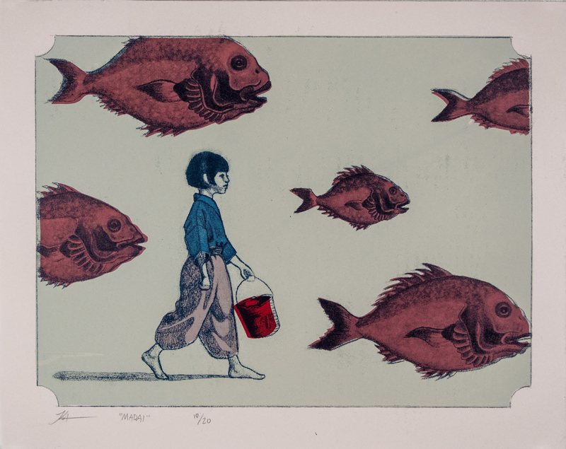 Fish and a person on a print