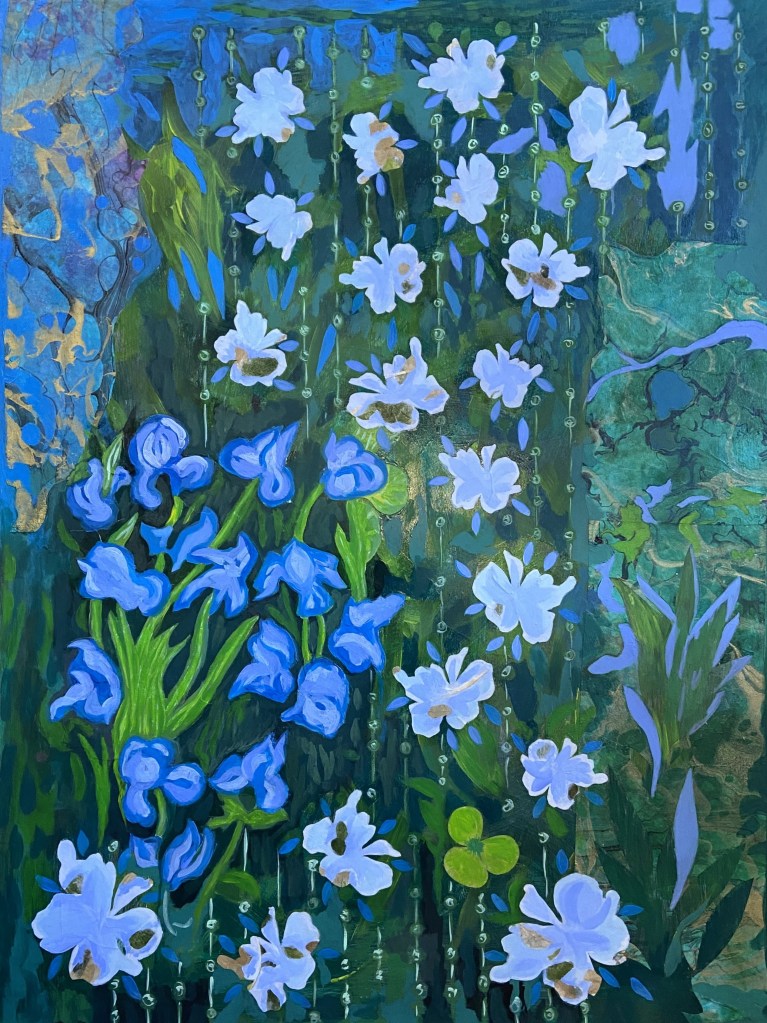 A painting of blue flowers