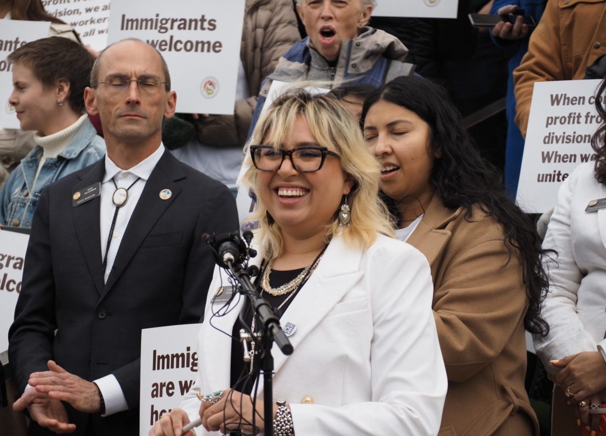 lawmaker gives speech during anti-ice protest