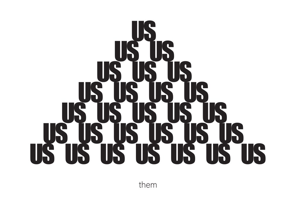 artwork of a pyramid of the word "us" over the word "them"
