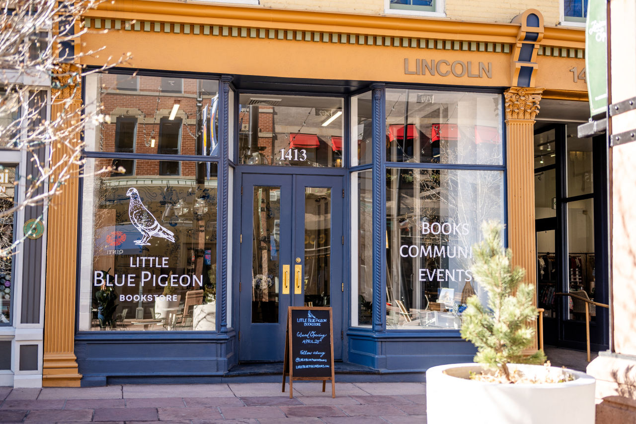 The exterior of new denver bookstore, little blue pigeon