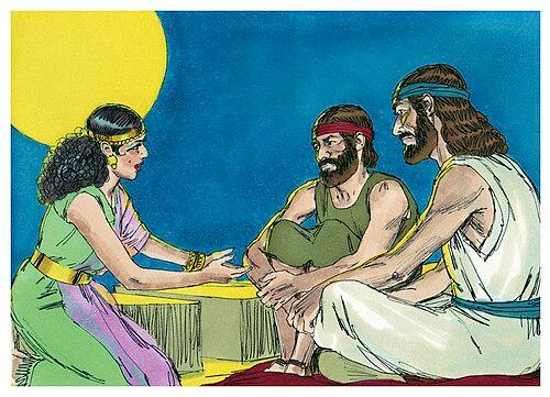 biblical figures, a woman and two men with sun in background