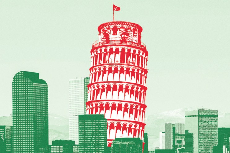 The Leaning Tower of Pisa set among Denver's skyline, next to the cash register building
