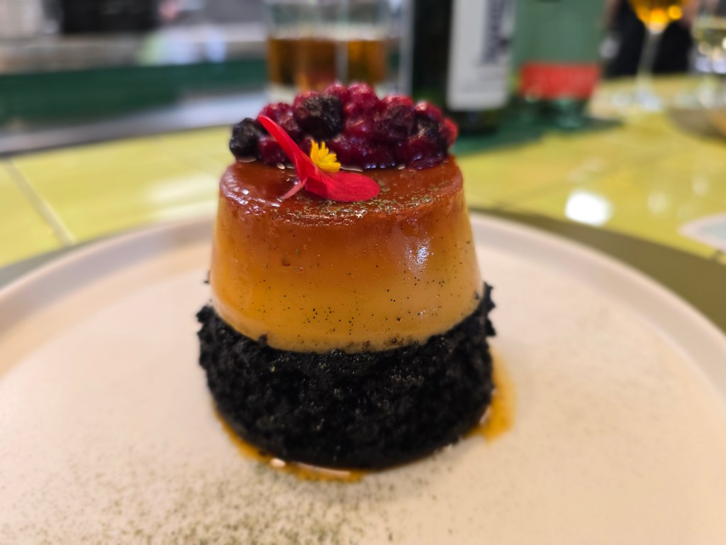 chocolate cake and flan dessert