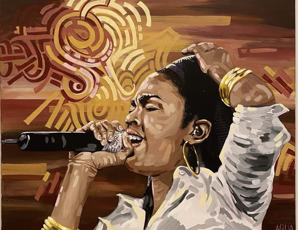 A painting of a woman singing