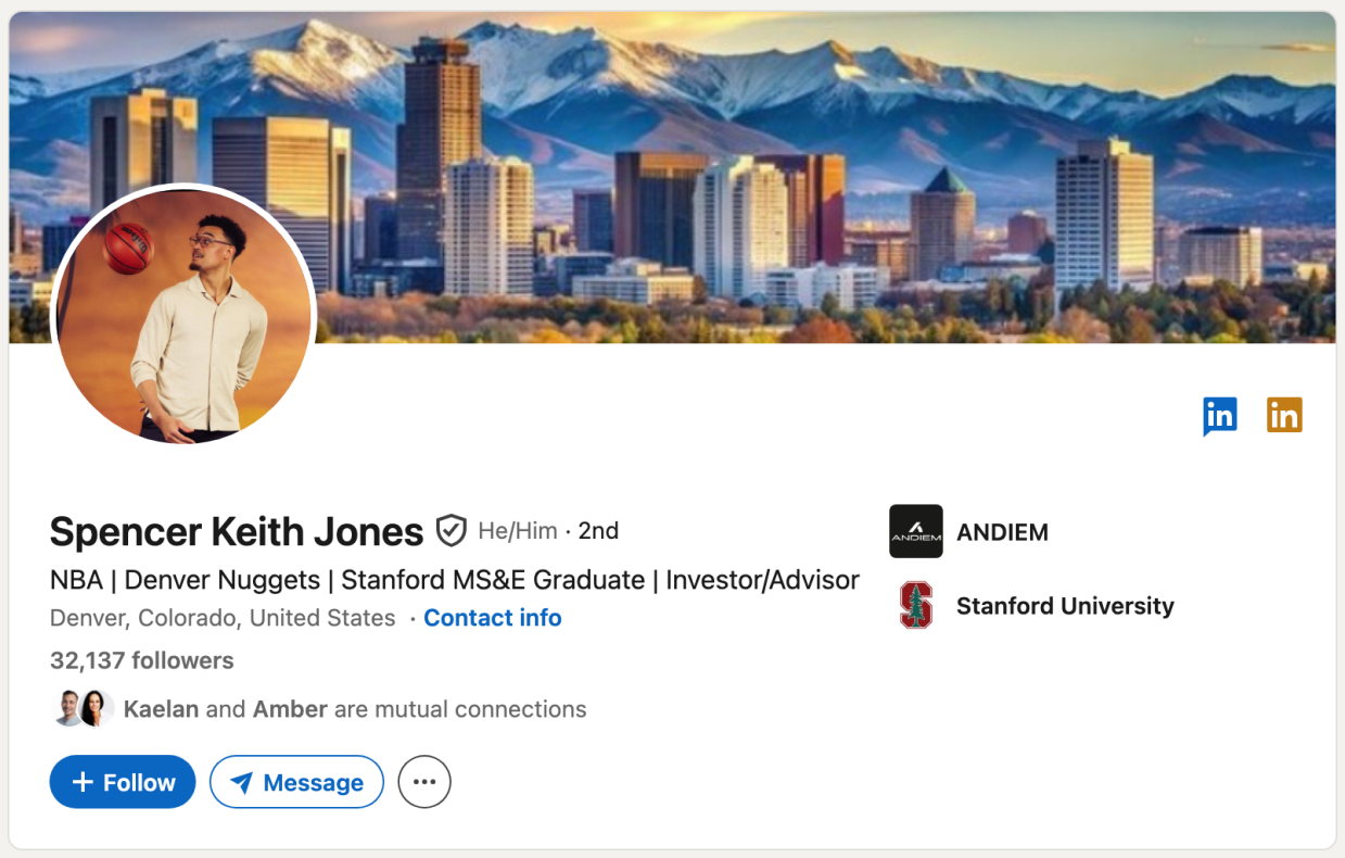 screenshot of NBA player Spencer Jones's linkedin page