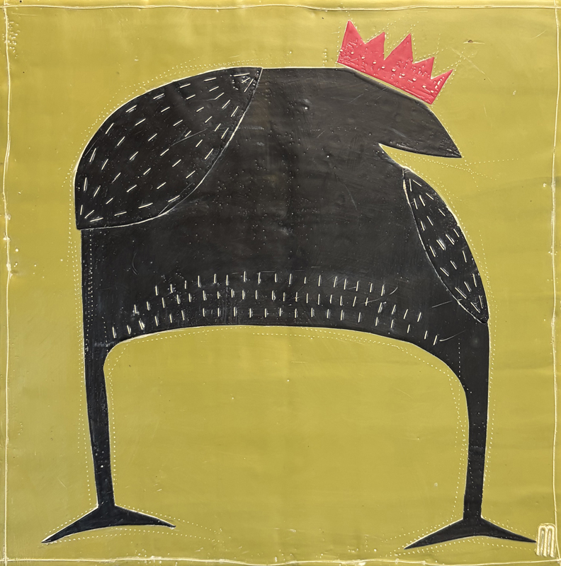 A paper art of a crow wearing a red crown