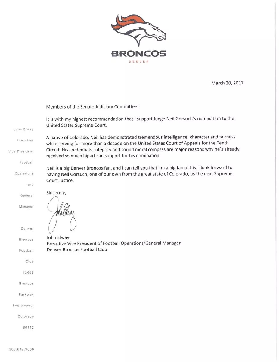 John Elway Is a “Big Fan” of Neil Gorsuch, He Says in Official Letter to U.S. Senate
