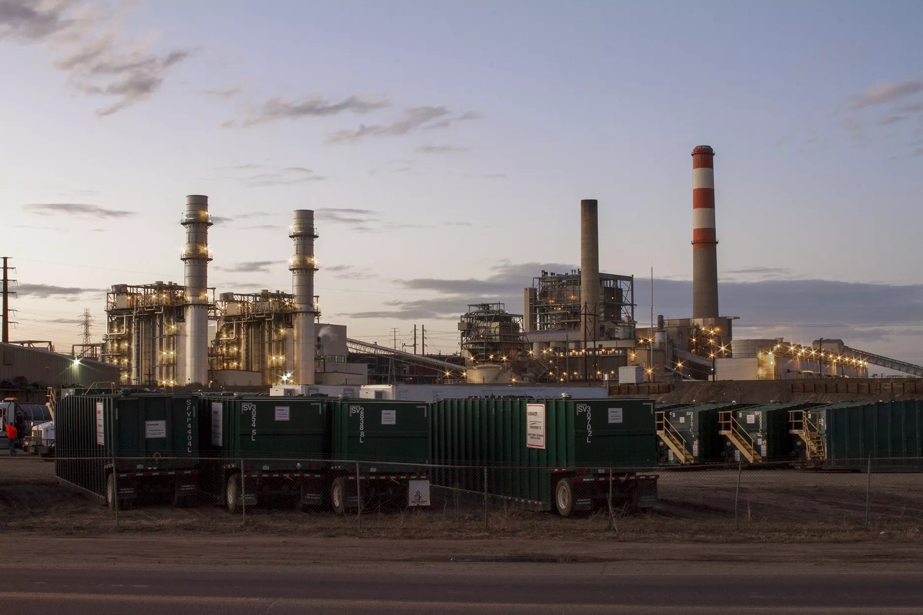 Xcel Energy's Cherokee Generating Station in north Denver, Colorado, at sunset.