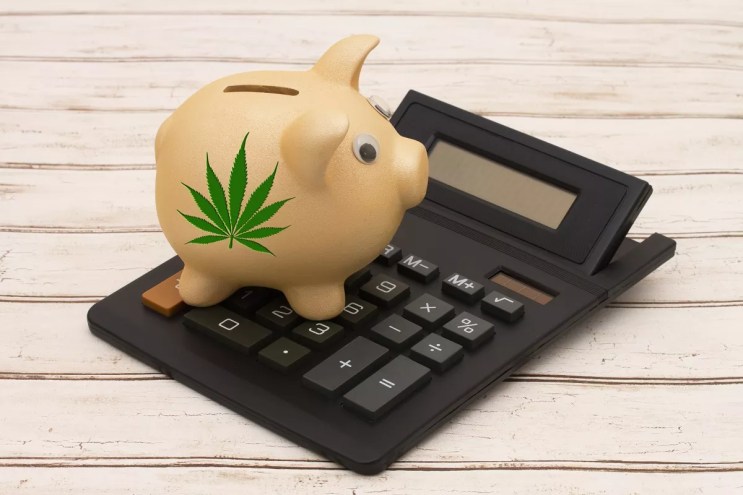 A piggy bank and calculator with a marijuana leaf