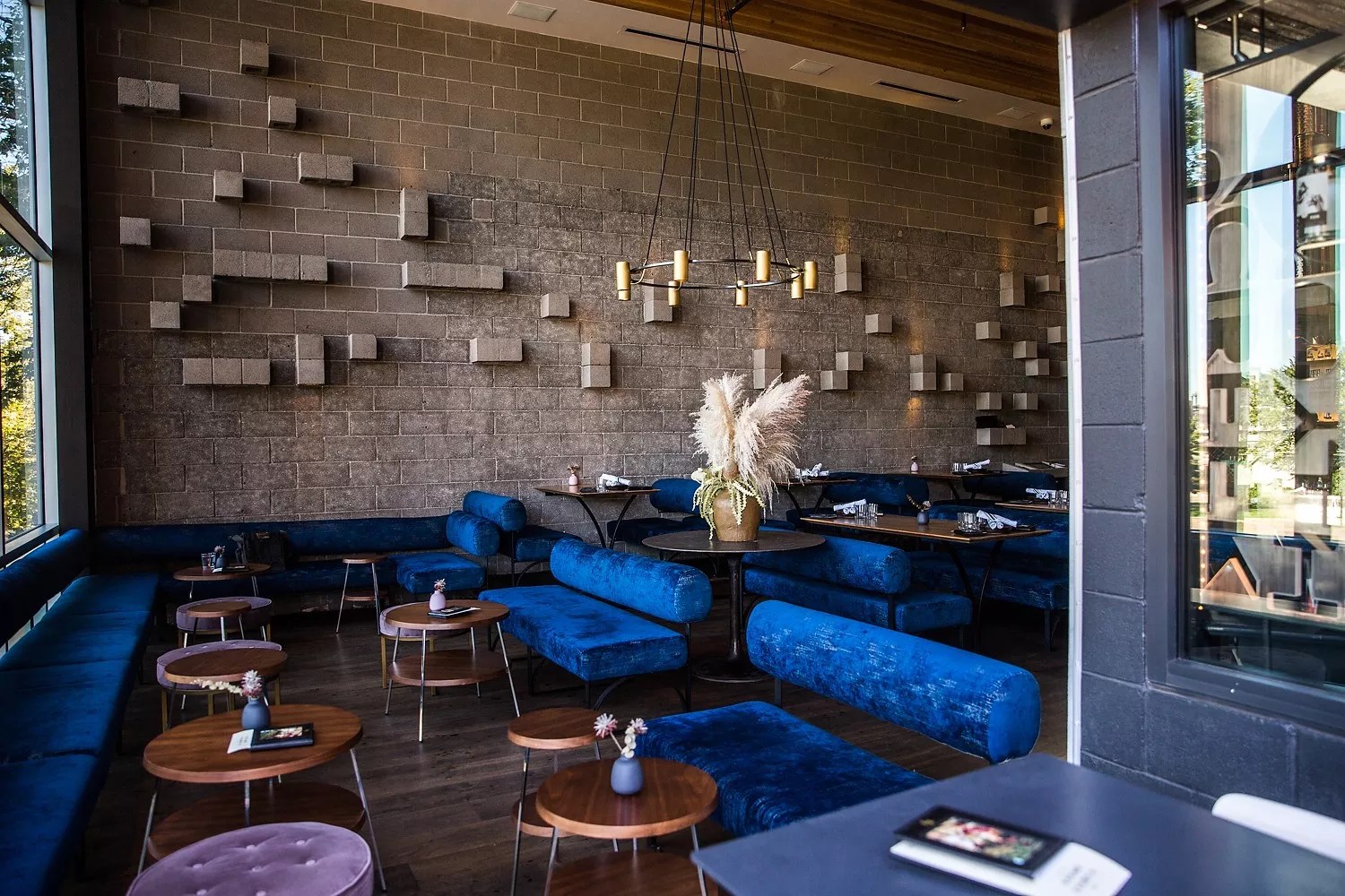 inside restaurant with blue booths