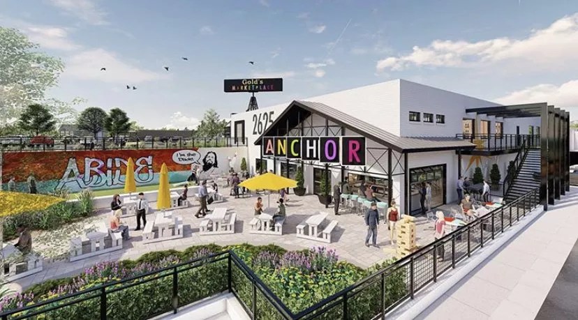 a rendering of a patio outside of a building