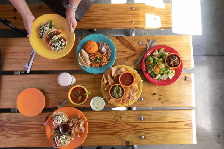 various plates of food on a table