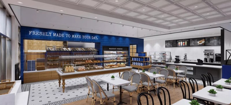 a rendering of the inside of a bakery with tables and a case filled with pastries