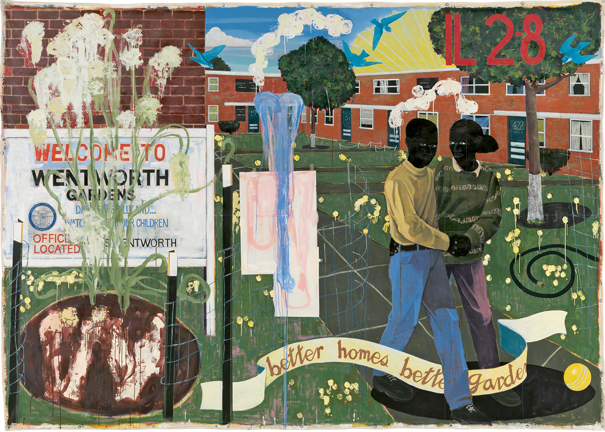 a painting of people walking through a city garden