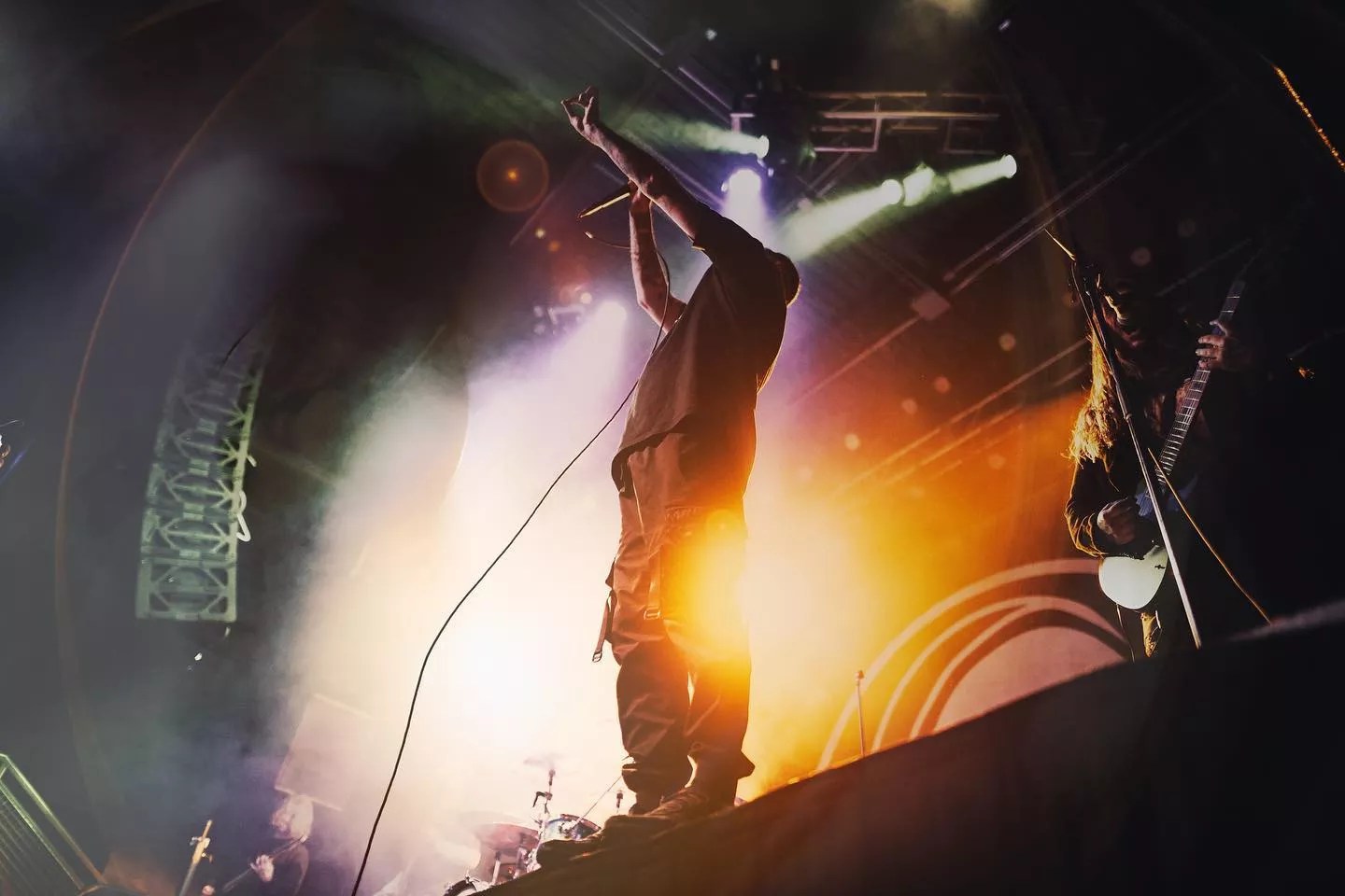 musician yells into microphone on stage