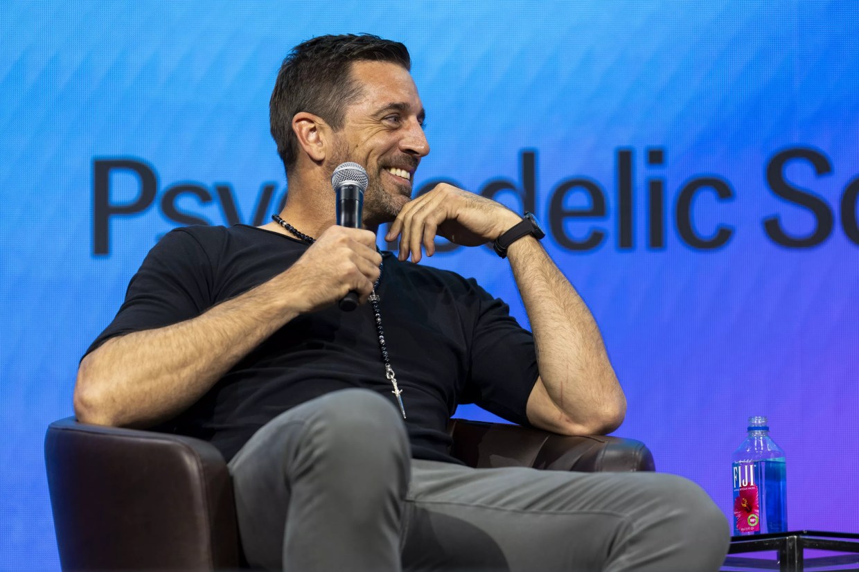 Quarterback Aaron Rodgers speaks at Psychedelic Science 2023 in Denver.