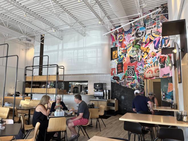 a colorful mural inside a restaurant