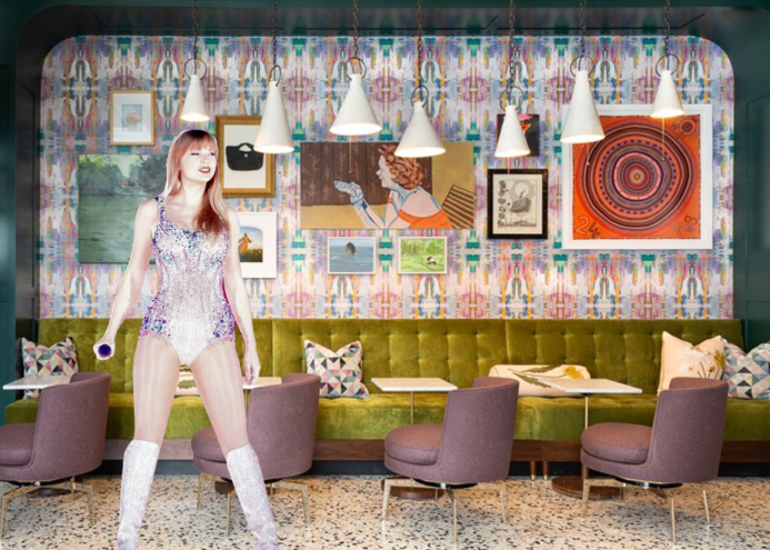 a girl in a sparkly bodysuit in front of green velvet couches and a wall covered in art