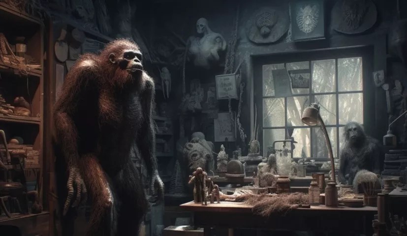 a sasquatch inside a room covered in cobwebs.