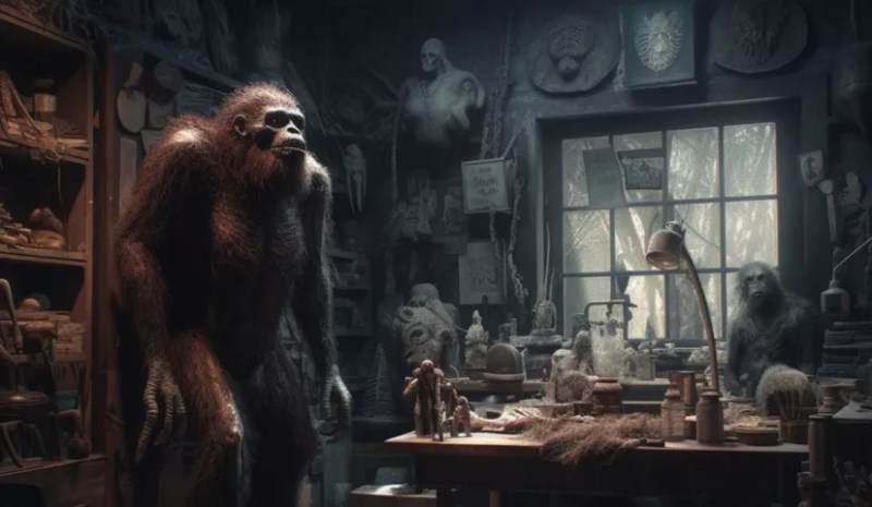 a sasquatch inside a room covered in cobwebs.